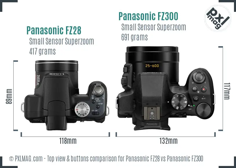 Panasonic FZ28 vs Panasonic FZ300 top view buttons comparison