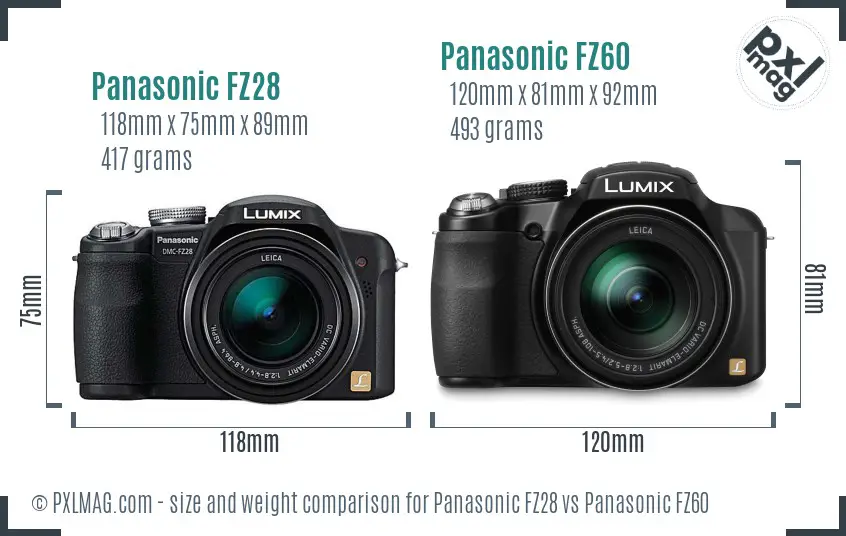 Panasonic FZ28 vs Panasonic FZ60 size comparison