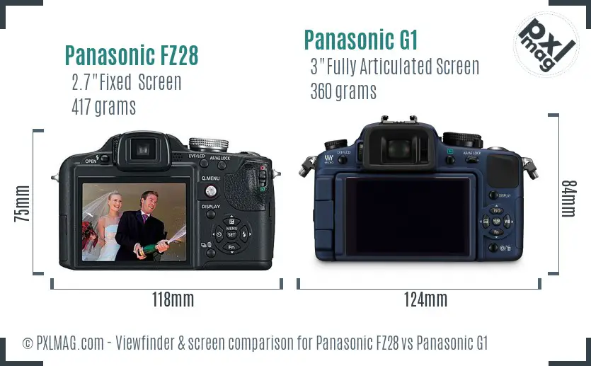 Panasonic FZ28 vs Panasonic G1 Screen and Viewfinder comparison