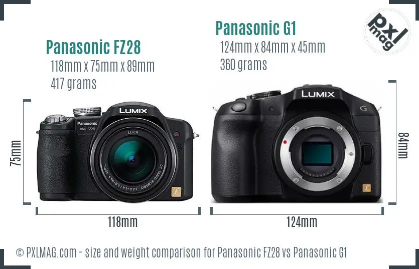 Panasonic FZ28 vs Panasonic G1 size comparison