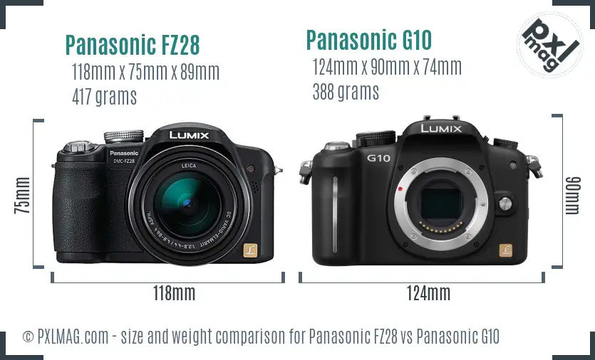Panasonic FZ28 vs Panasonic G10 size comparison