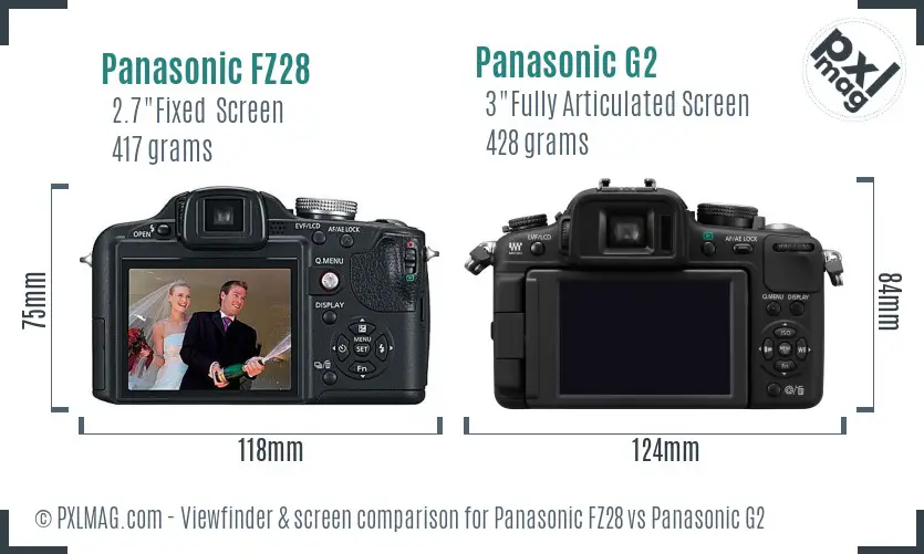Panasonic FZ28 vs Panasonic G2 Screen and Viewfinder comparison