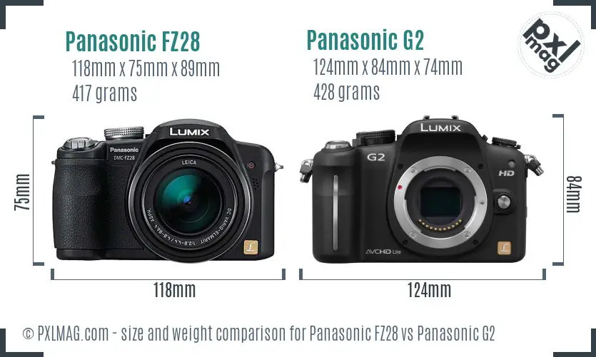 Panasonic FZ28 vs Panasonic G2 size comparison
