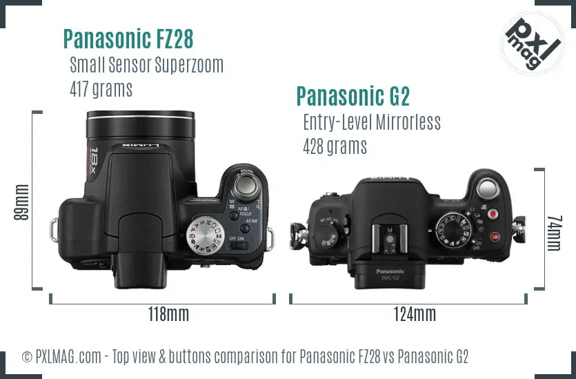 Panasonic FZ28 vs Panasonic G2 top view buttons comparison