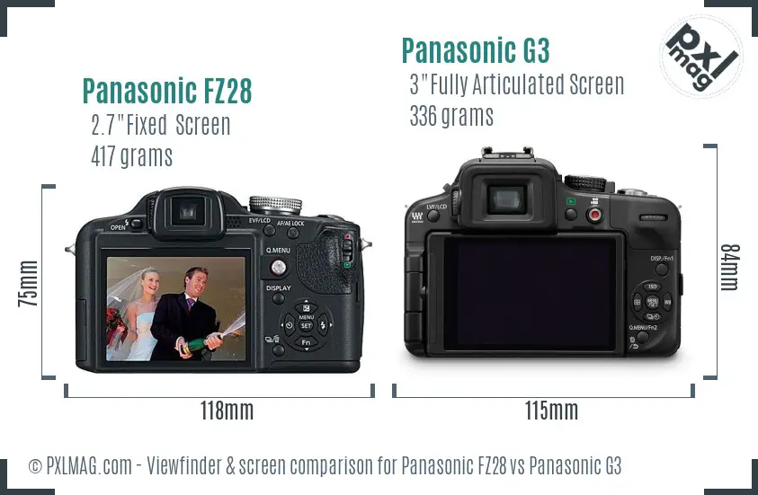 Panasonic FZ28 vs Panasonic G3 Screen and Viewfinder comparison