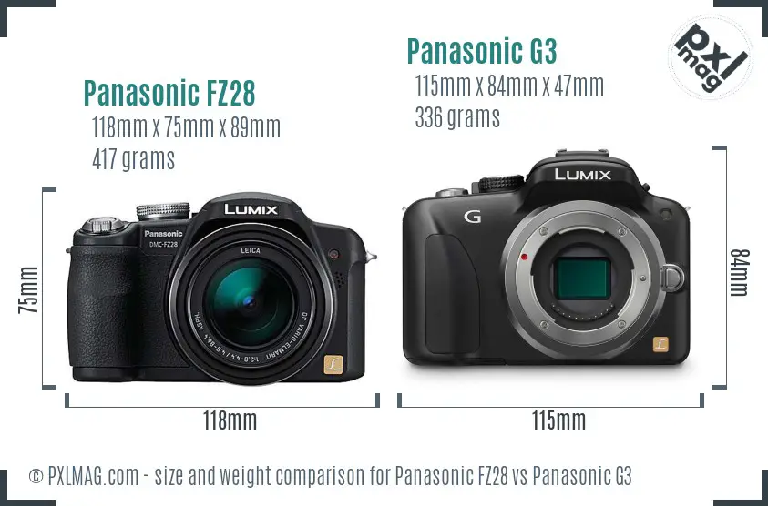 Panasonic FZ28 vs Panasonic G3 size comparison