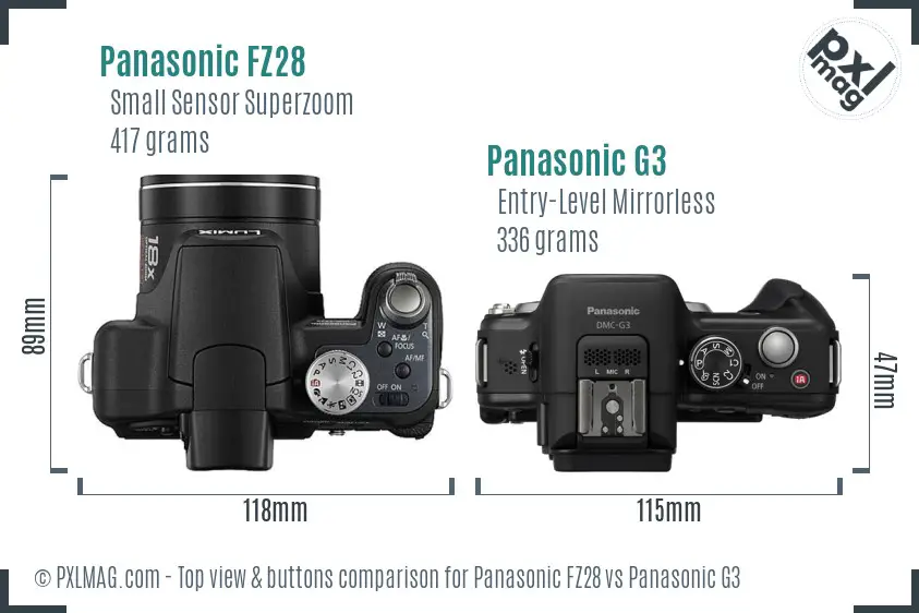 Panasonic FZ28 vs Panasonic G3 top view buttons comparison