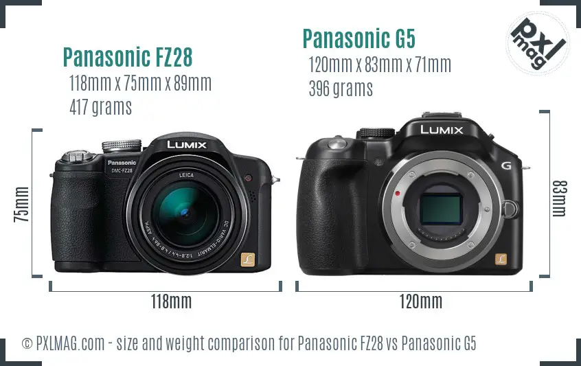 Panasonic FZ28 vs Panasonic G5 size comparison