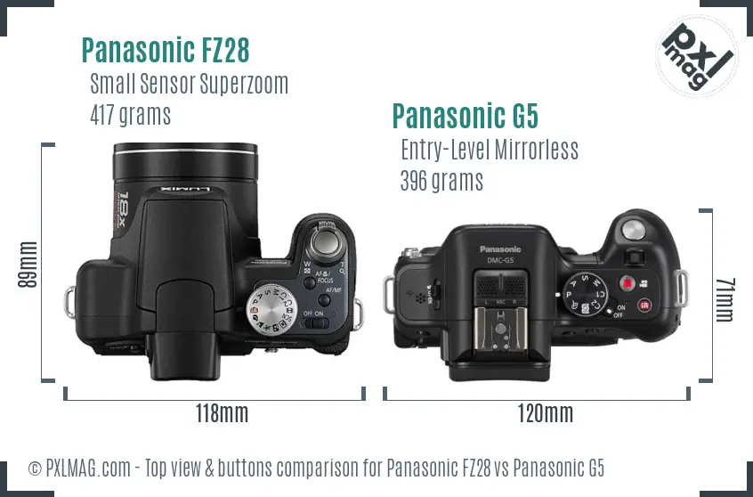 Panasonic FZ28 vs Panasonic G5 top view buttons comparison