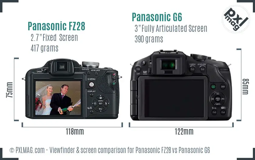 Panasonic FZ28 vs Panasonic G6 Screen and Viewfinder comparison