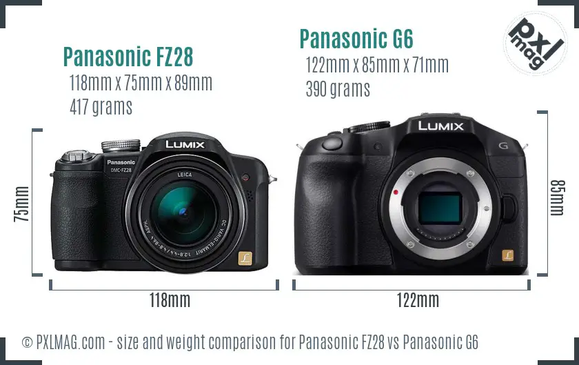 Panasonic FZ28 vs Panasonic G6 size comparison