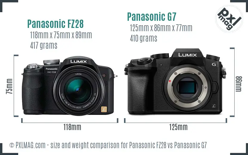Panasonic FZ28 vs Panasonic G7 size comparison