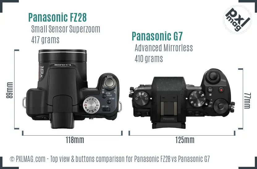Panasonic FZ28 vs Panasonic G7 top view buttons comparison