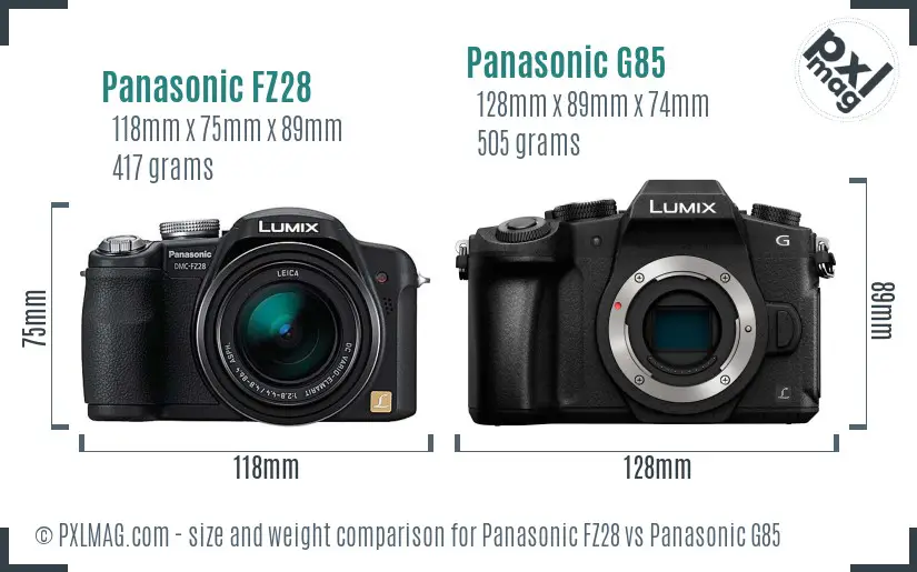 Panasonic FZ28 vs Panasonic G85 size comparison