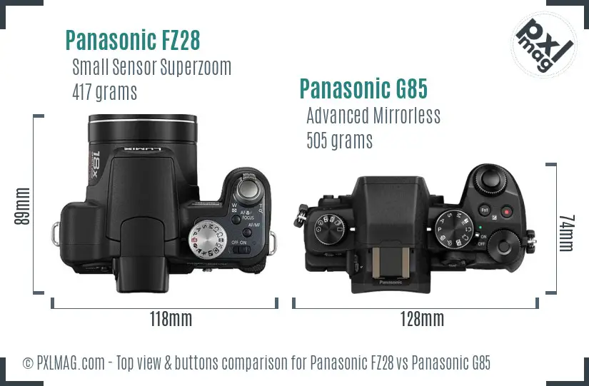 Panasonic FZ28 vs Panasonic G85 top view buttons comparison