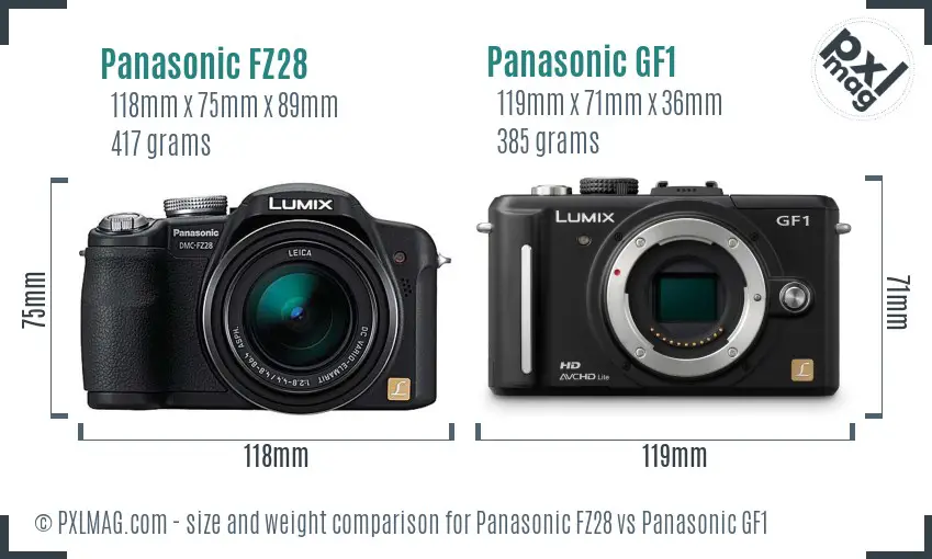 Panasonic FZ28 vs Panasonic GF1 size comparison