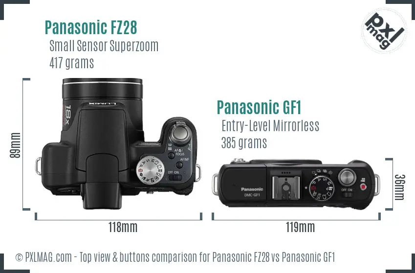 Panasonic FZ28 vs Panasonic GF1 top view buttons comparison