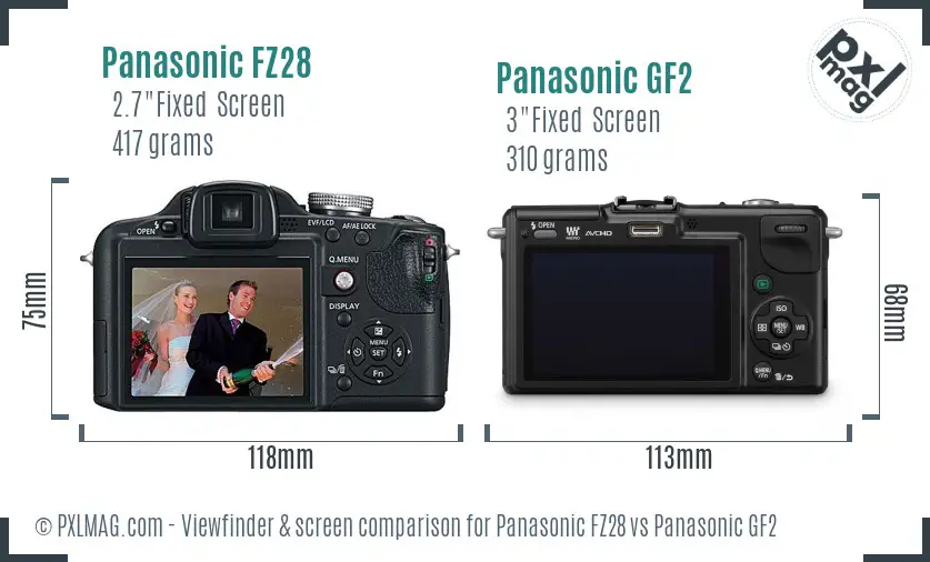 Panasonic FZ28 vs Panasonic GF2 Screen and Viewfinder comparison