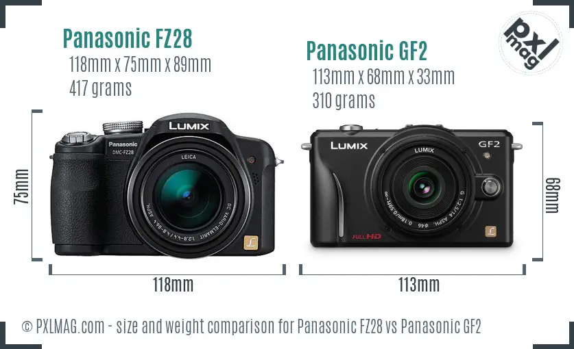Panasonic FZ28 vs Panasonic GF2 size comparison
