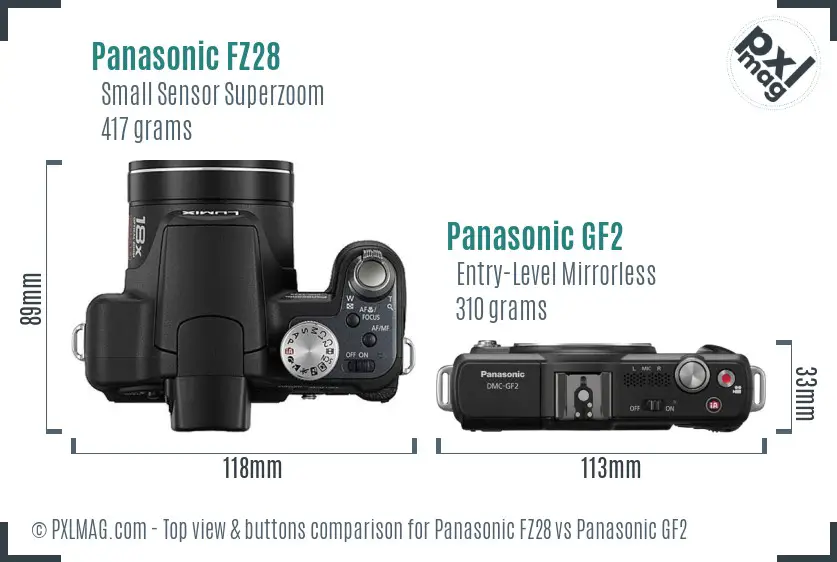 Panasonic FZ28 vs Panasonic GF2 top view buttons comparison