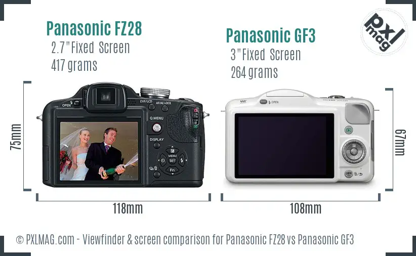Panasonic FZ28 vs Panasonic GF3 Screen and Viewfinder comparison