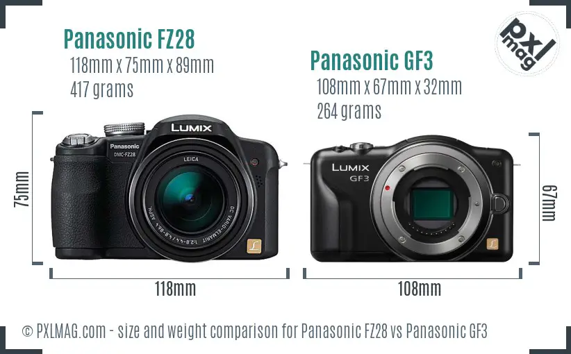 Panasonic FZ28 vs Panasonic GF3 size comparison