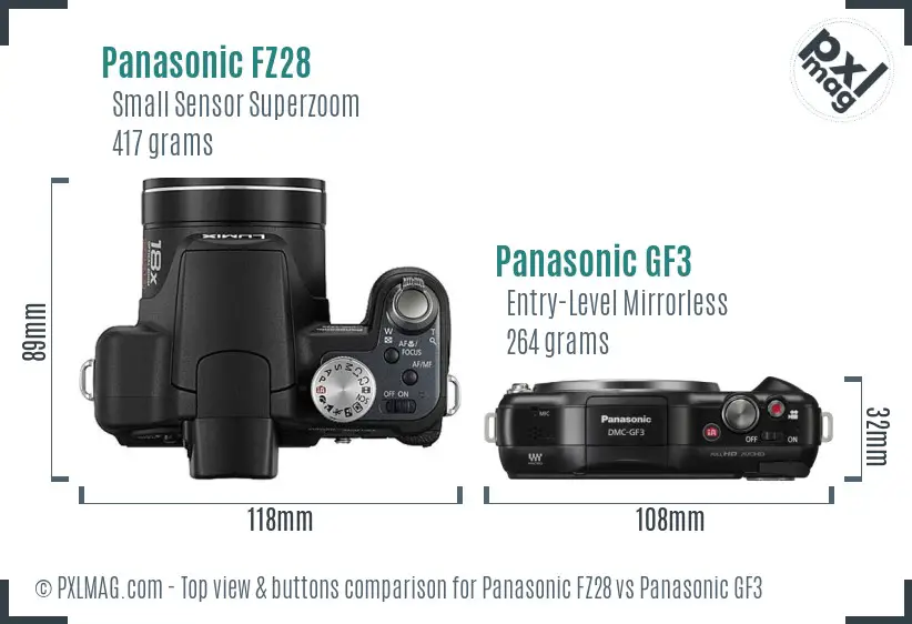 Panasonic FZ28 vs Panasonic GF3 top view buttons comparison