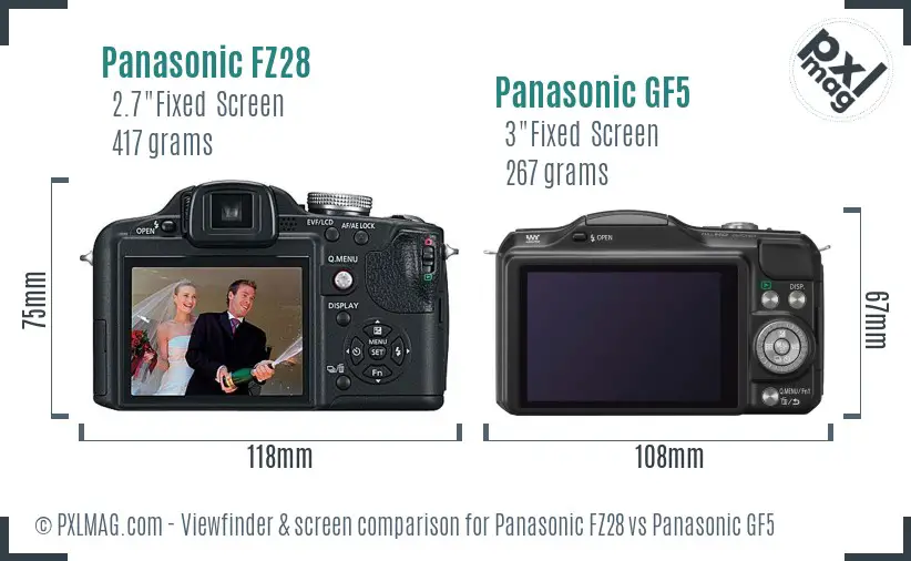 Panasonic FZ28 vs Panasonic GF5 Screen and Viewfinder comparison