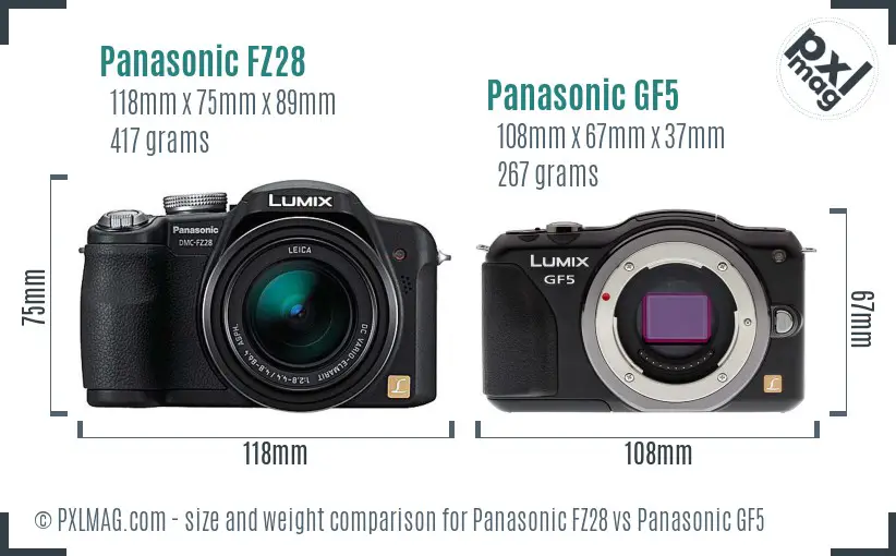 Panasonic FZ28 vs Panasonic GF5 size comparison