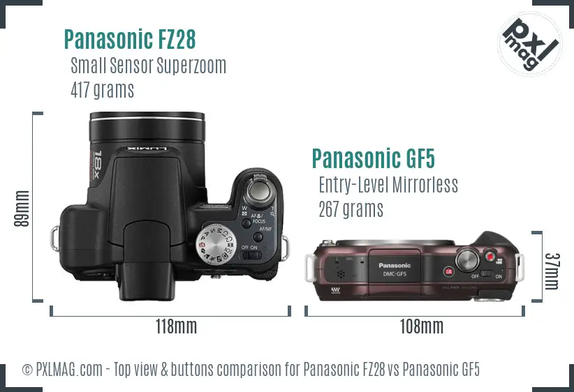 Panasonic FZ28 vs Panasonic GF5 top view buttons comparison