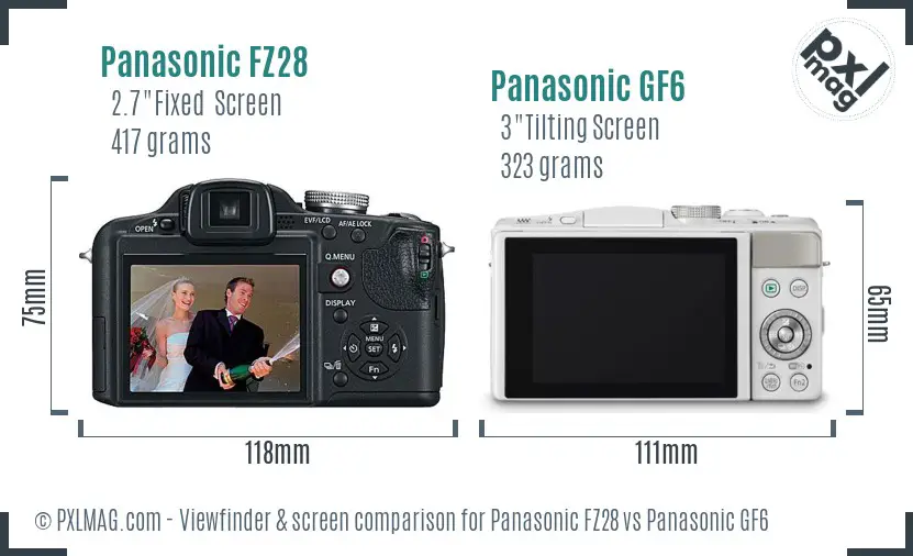 Panasonic FZ28 vs Panasonic GF6 Screen and Viewfinder comparison
