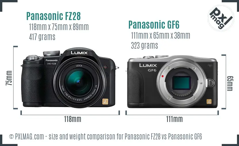 Panasonic FZ28 vs Panasonic GF6 size comparison