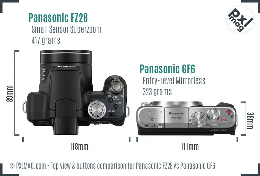 Panasonic FZ28 vs Panasonic GF6 top view buttons comparison