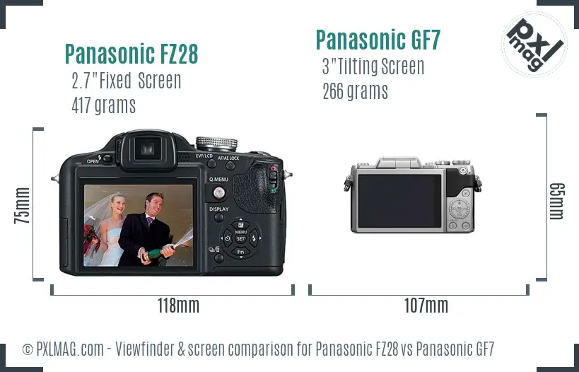 Panasonic FZ28 vs Panasonic GF7 Screen and Viewfinder comparison