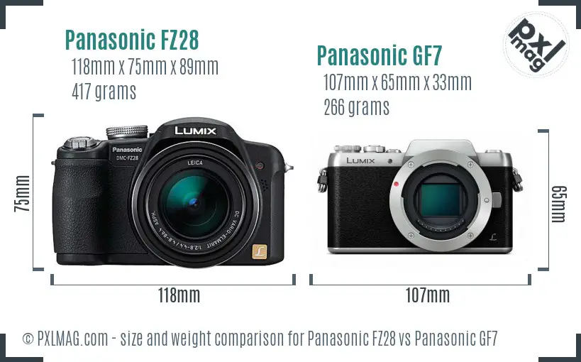 Panasonic FZ28 vs Panasonic GF7 size comparison