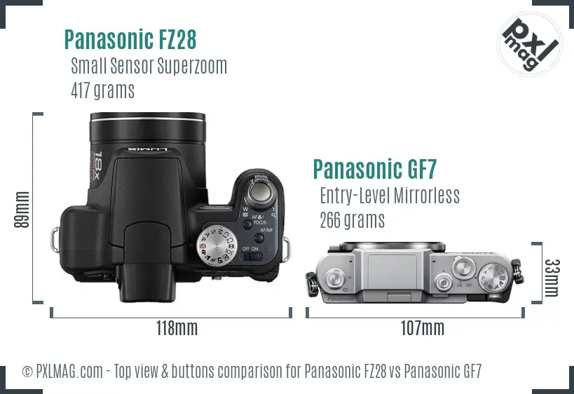 Panasonic FZ28 vs Panasonic GF7 top view buttons comparison