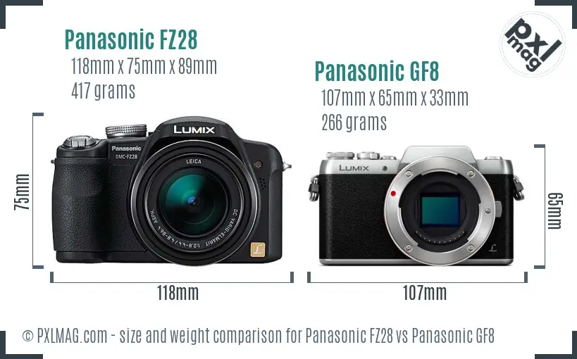 Panasonic FZ28 vs Panasonic GF8 size comparison