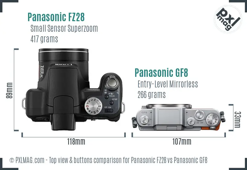 Panasonic FZ28 vs Panasonic GF8 top view buttons comparison