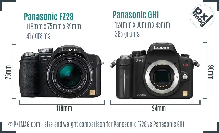 Panasonic FZ28 vs Panasonic GH1 size comparison