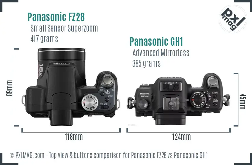 Panasonic FZ28 vs Panasonic GH1 top view buttons comparison