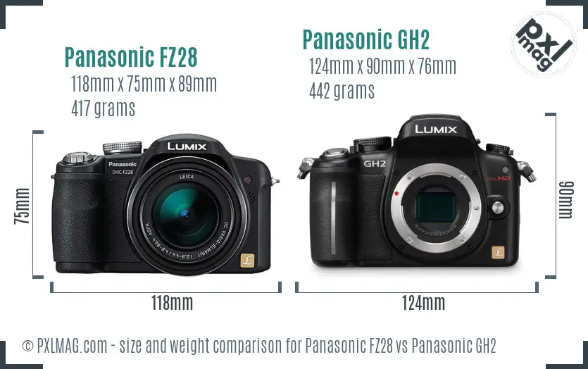 Panasonic FZ28 vs Panasonic GH2 size comparison