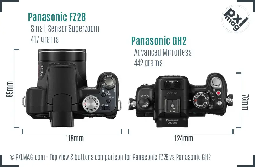 Panasonic FZ28 vs Panasonic GH2 top view buttons comparison