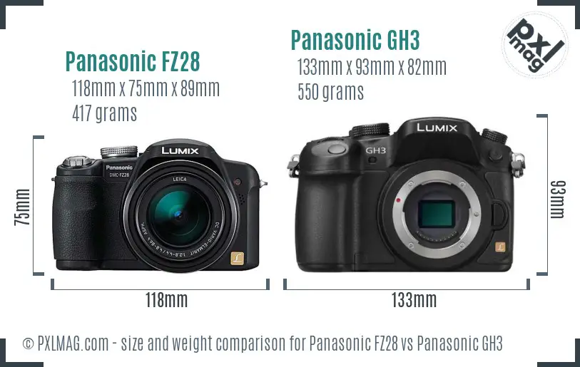 Panasonic FZ28 vs Panasonic GH3 size comparison