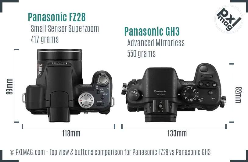Panasonic FZ28 vs Panasonic GH3 top view buttons comparison