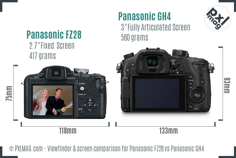 Panasonic FZ28 vs Panasonic GH4 Screen and Viewfinder comparison