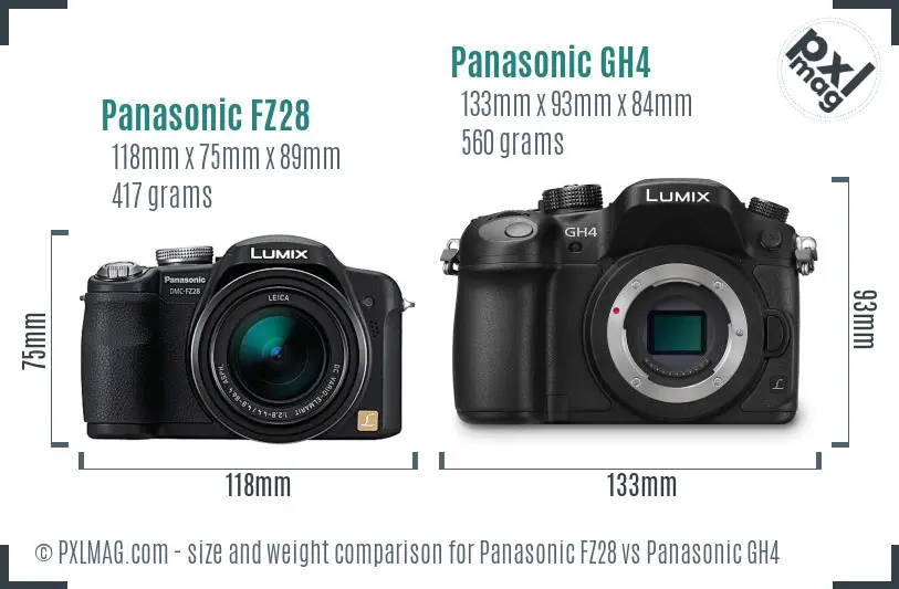 Panasonic FZ28 vs Panasonic GH4 size comparison