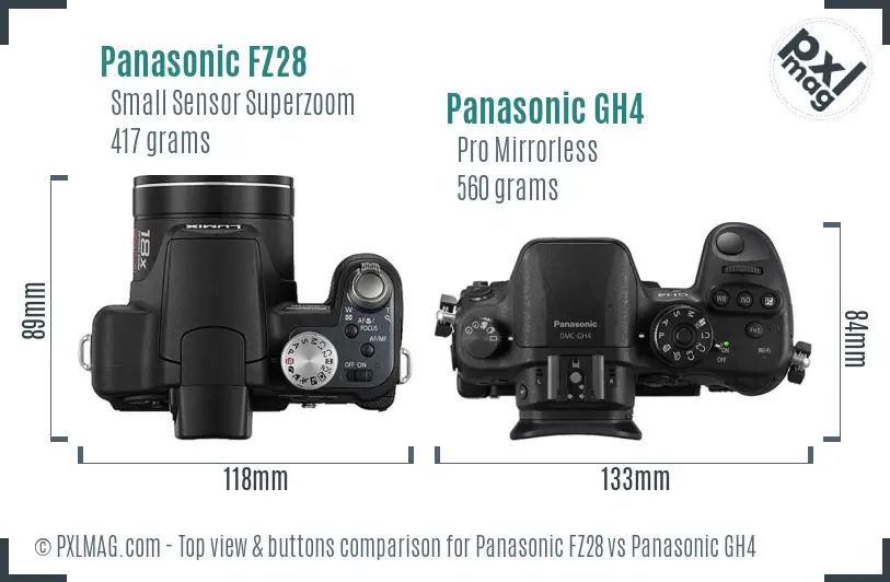 Panasonic FZ28 vs Panasonic GH4 top view buttons comparison