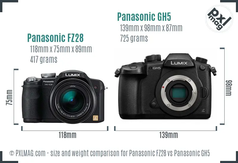 Panasonic FZ28 vs Panasonic GH5 size comparison