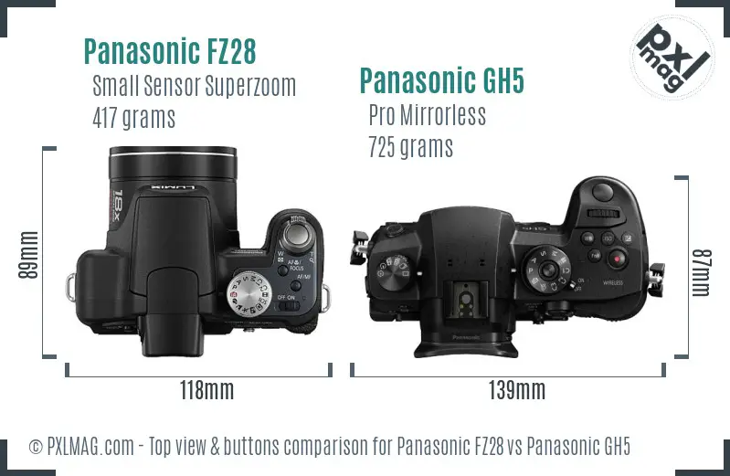 Panasonic FZ28 vs Panasonic GH5 top view buttons comparison
