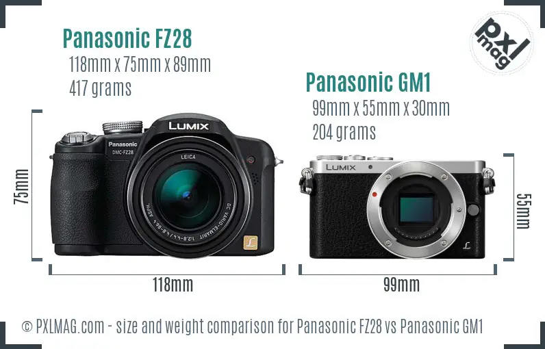 Panasonic FZ28 vs Panasonic GM1 size comparison